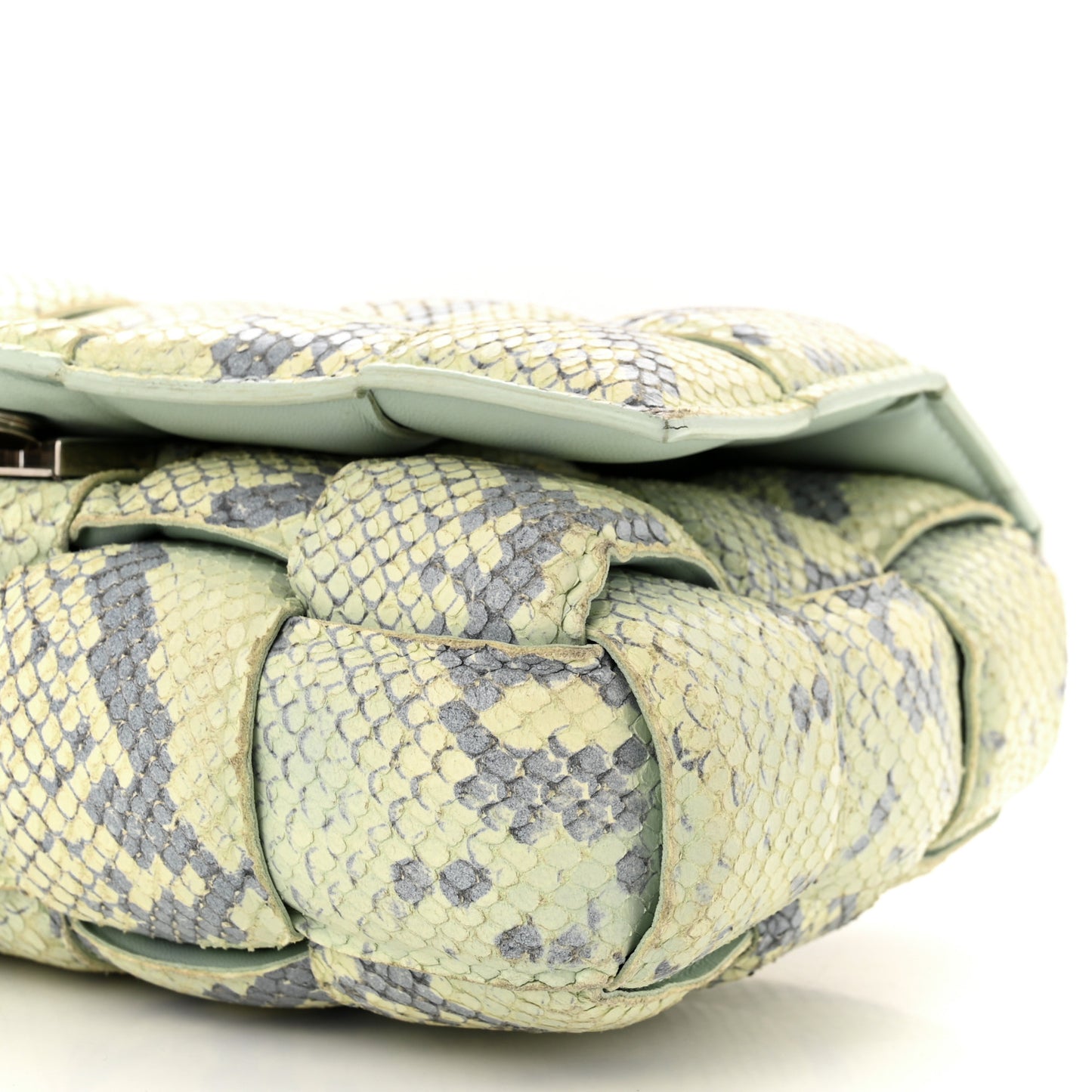 Goatskin Python Embossed Padded Cassette Crossbody Bag Kiwi Black Silver