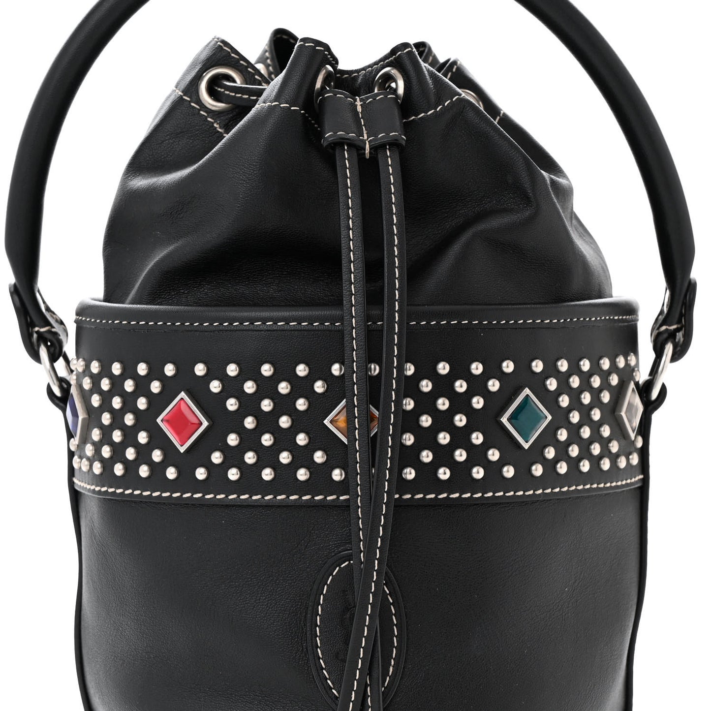 Smooth Calfskin Studded Small Bahia Drawstring Bucket Bag Black Multicolor