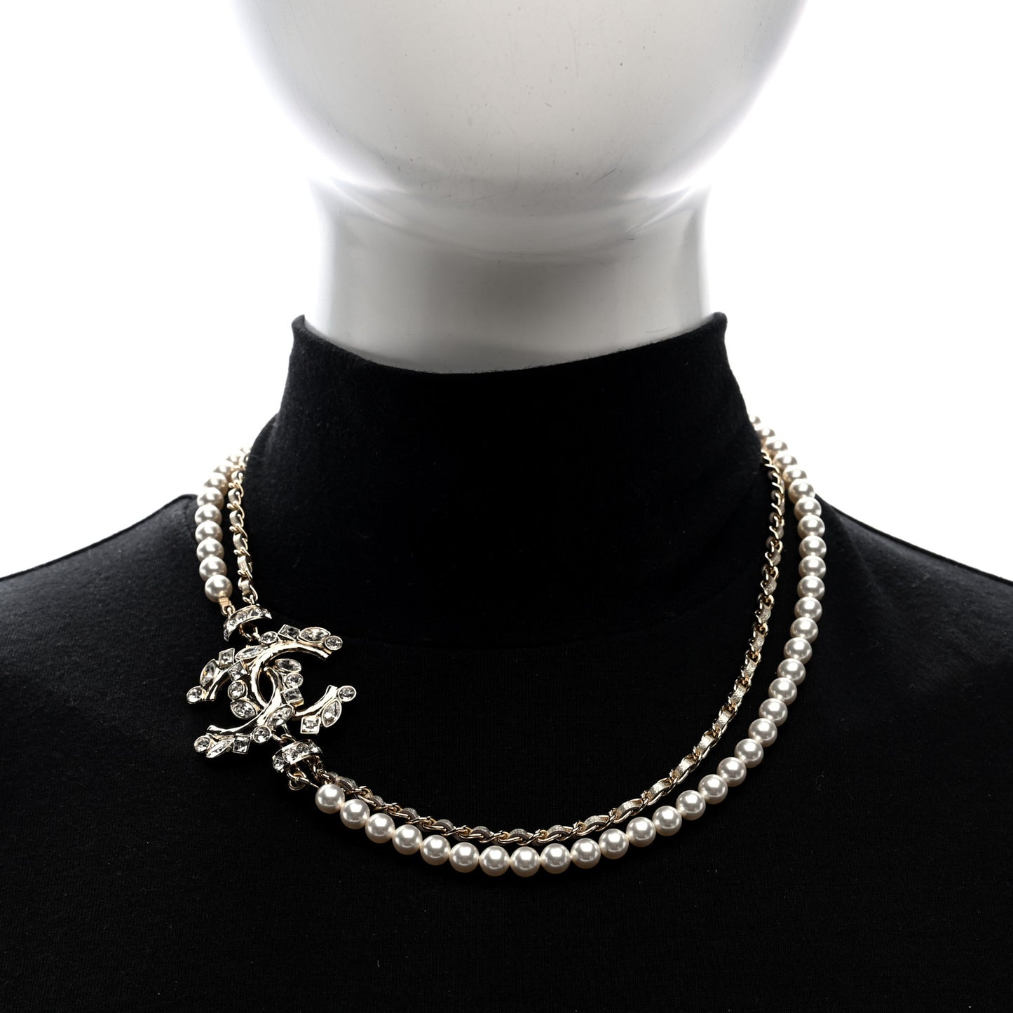 Pearl Crystal Metallic Lambskin CC Choker Necklace Gold
