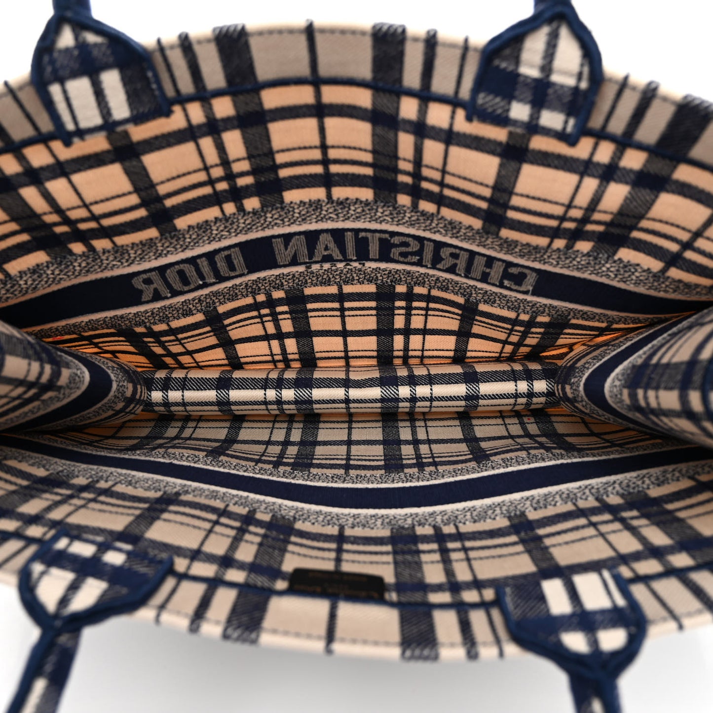 Canvas Embroidered Large Plaid Book Tote Navy