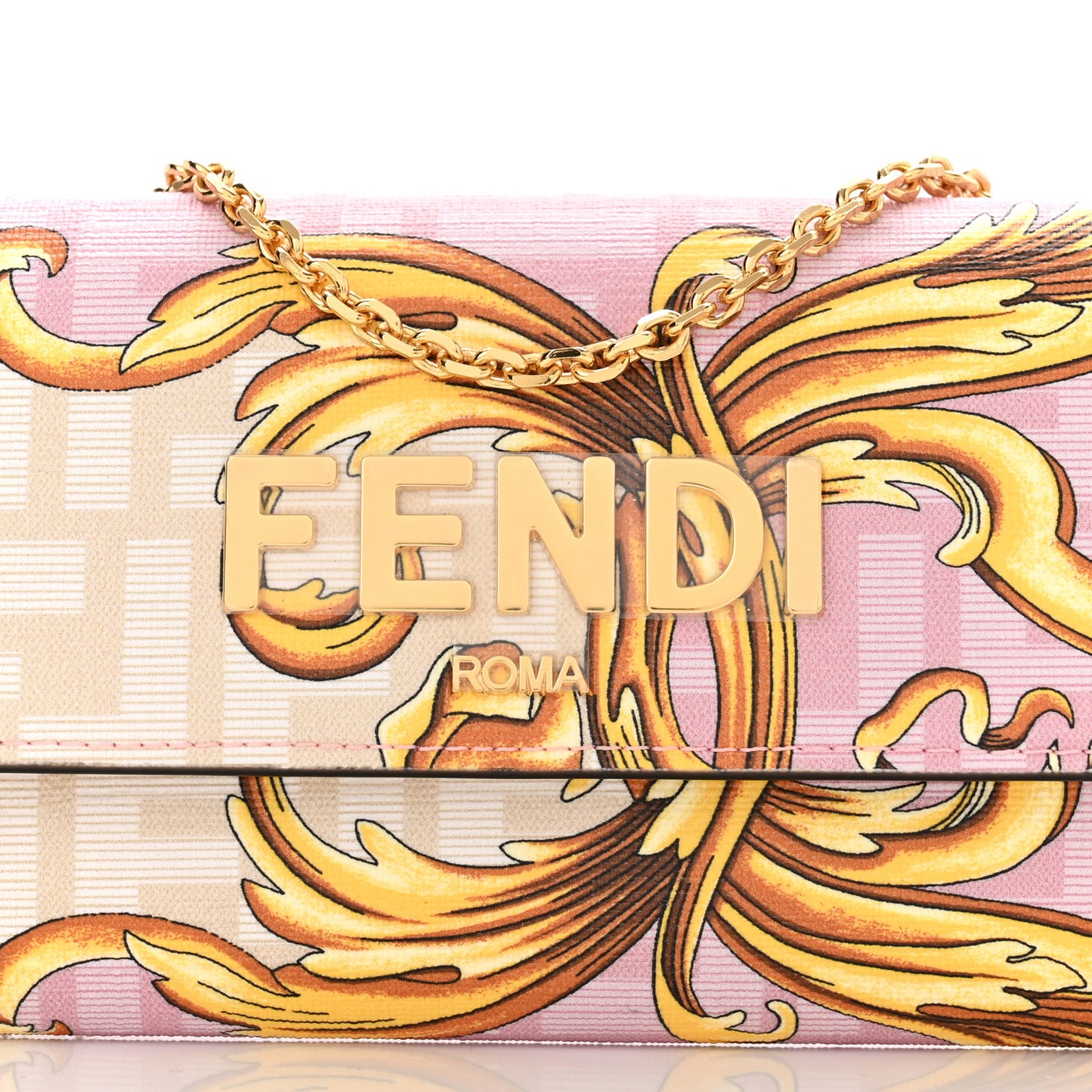 X VERSACE Glazed Fabric Fendace FF Baroque Continental Wallet On Chain Gold White Rosa