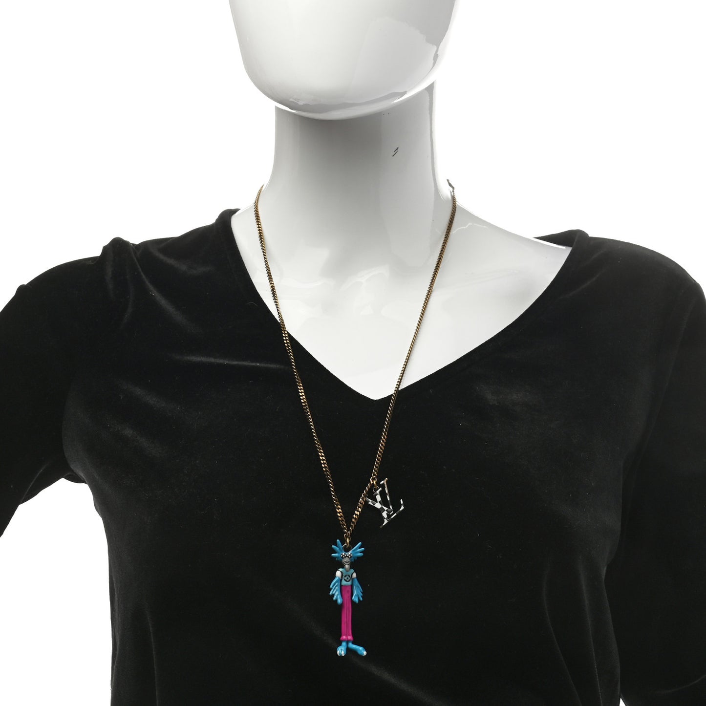 Lacquered Metal LV Friends Pendant Necklace Aged Gold Blue Pink