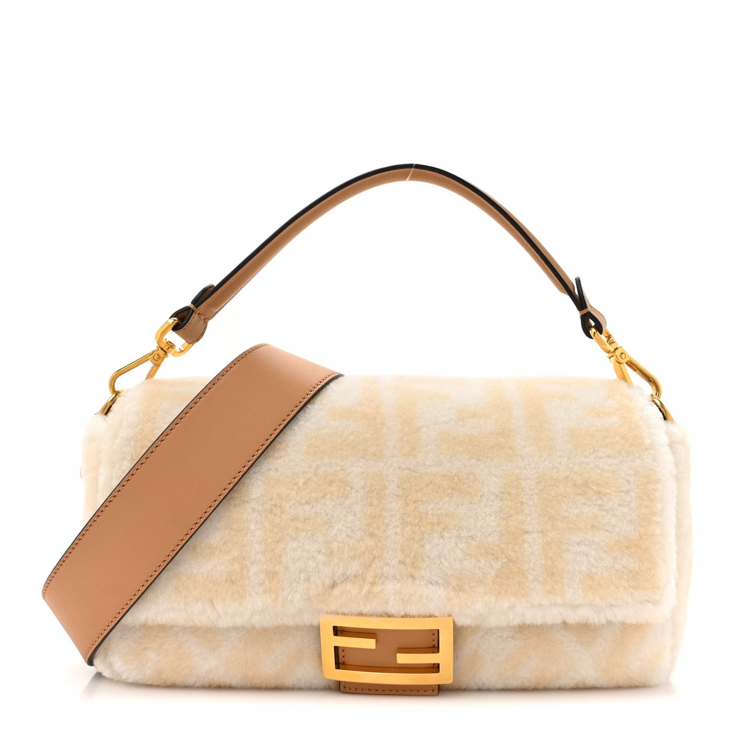 Shearling Vitello Dolce Macro FF 1974 Baguette White Ice Cuoio Miele Scuro