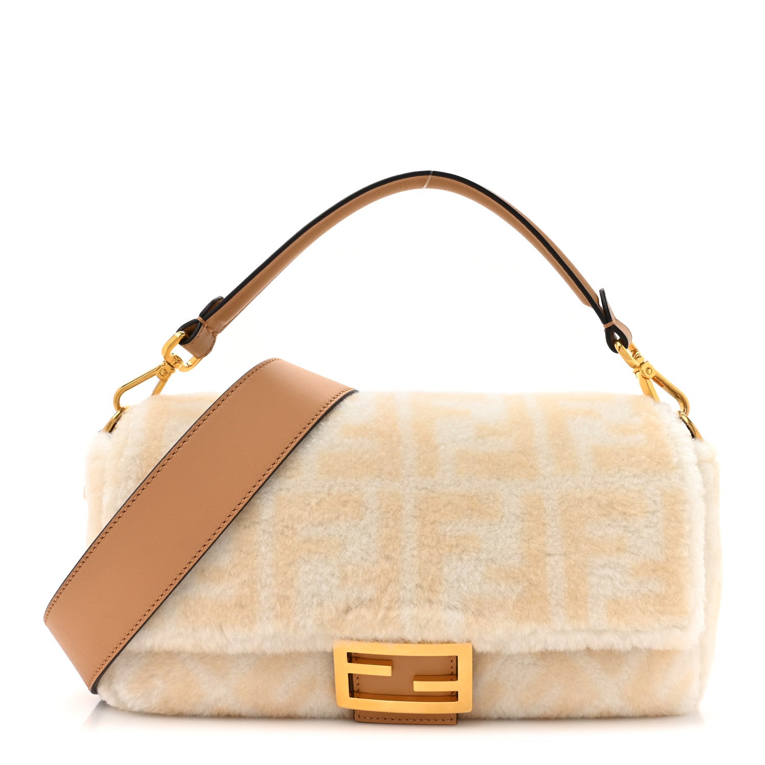 Fendi Shearling Vitello Dolce Macro FF 1974 Baguette White Ice Cuoio Miele Scuro 1 of 11