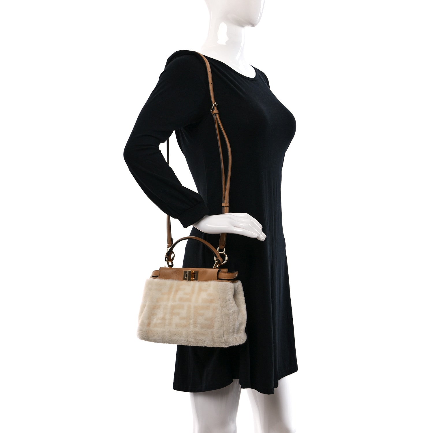 Fendi Shearling Nappa Macro FF 1974 Mini Peekaboo Iconic Satchel White Ice Cuoio Miele Scuro 2 of 11