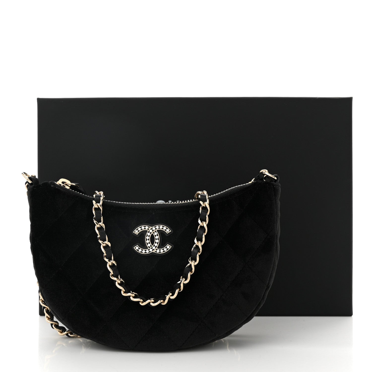 Chanel Velvet Crystal Quilted Chain Hobo Black 11 of 11