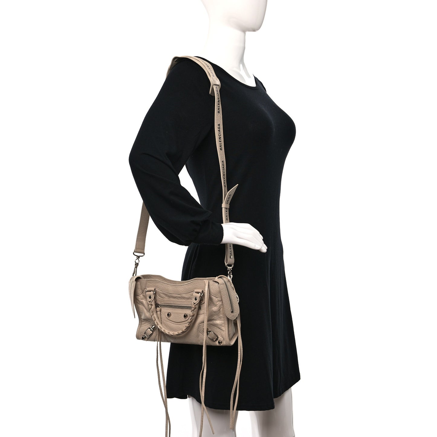 Agneau Classic Silver Hardware Mini City Logo Strap Light Beige Black