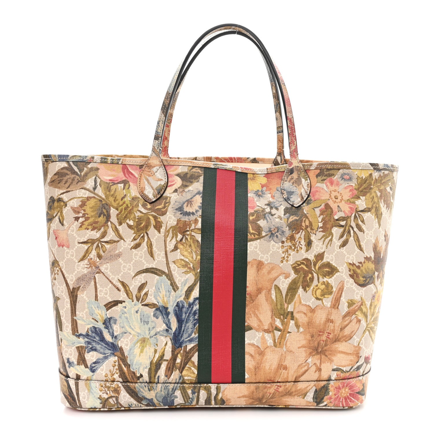 Gucci GG Supreme Monogram Water Flora Web Large Ophidia Tote Beige