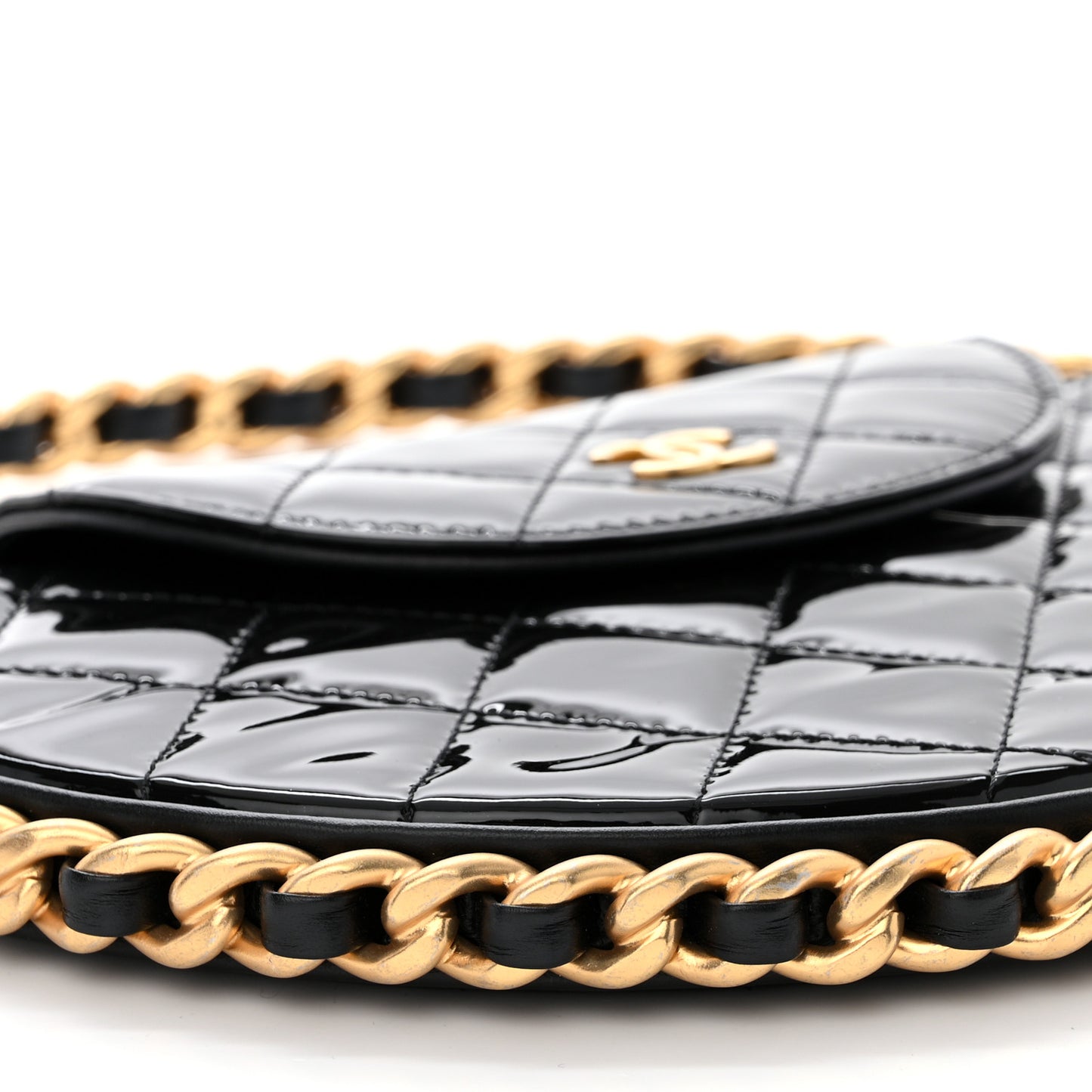 Patent Calfskin Quilted Chain Hoop Bag Black