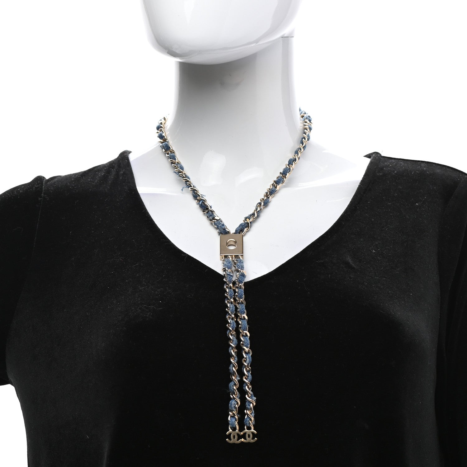 Chanel Metal Denim CC Necklace Blue Gold 2 of 7