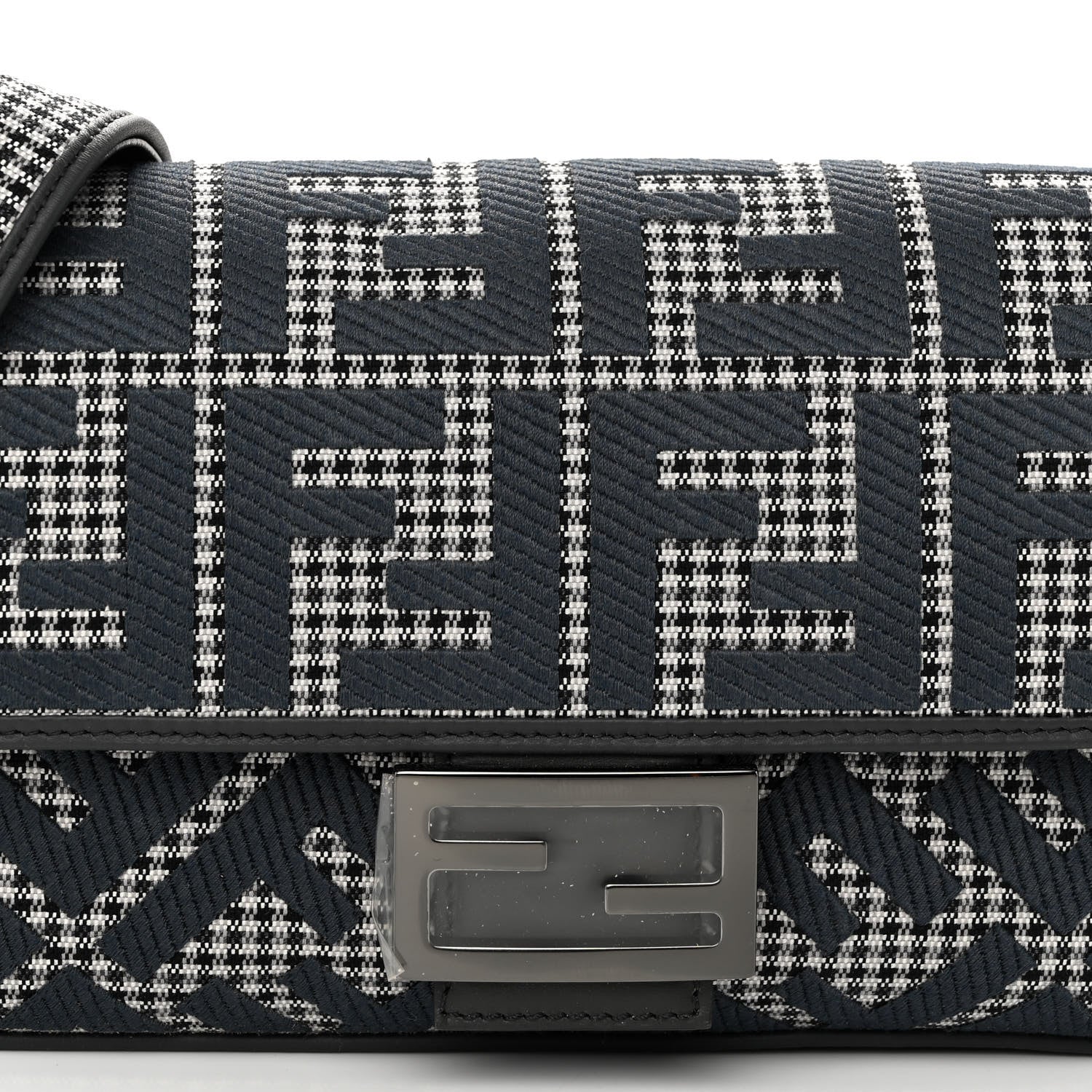 Fendi Wool Vitello King Houndstooth FF Embroidered Baguette Grigio Anthracite 7 of 9