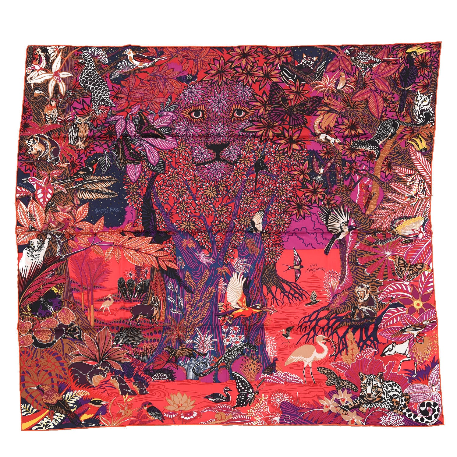 新品未使用 エルメス荒野世界wild Singapore スカーフ90cm Hermes Silk Wild Singapore Scarf 90 Rouge Violet Beige 739426