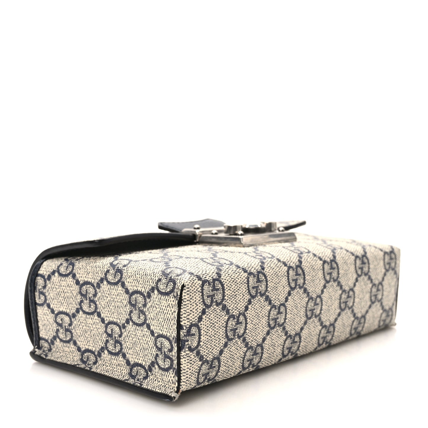 GG Supreme Monogram Textured Dollar Calfskin Web Mini Padlock Top Handle Shoulder Bag Beige Blue