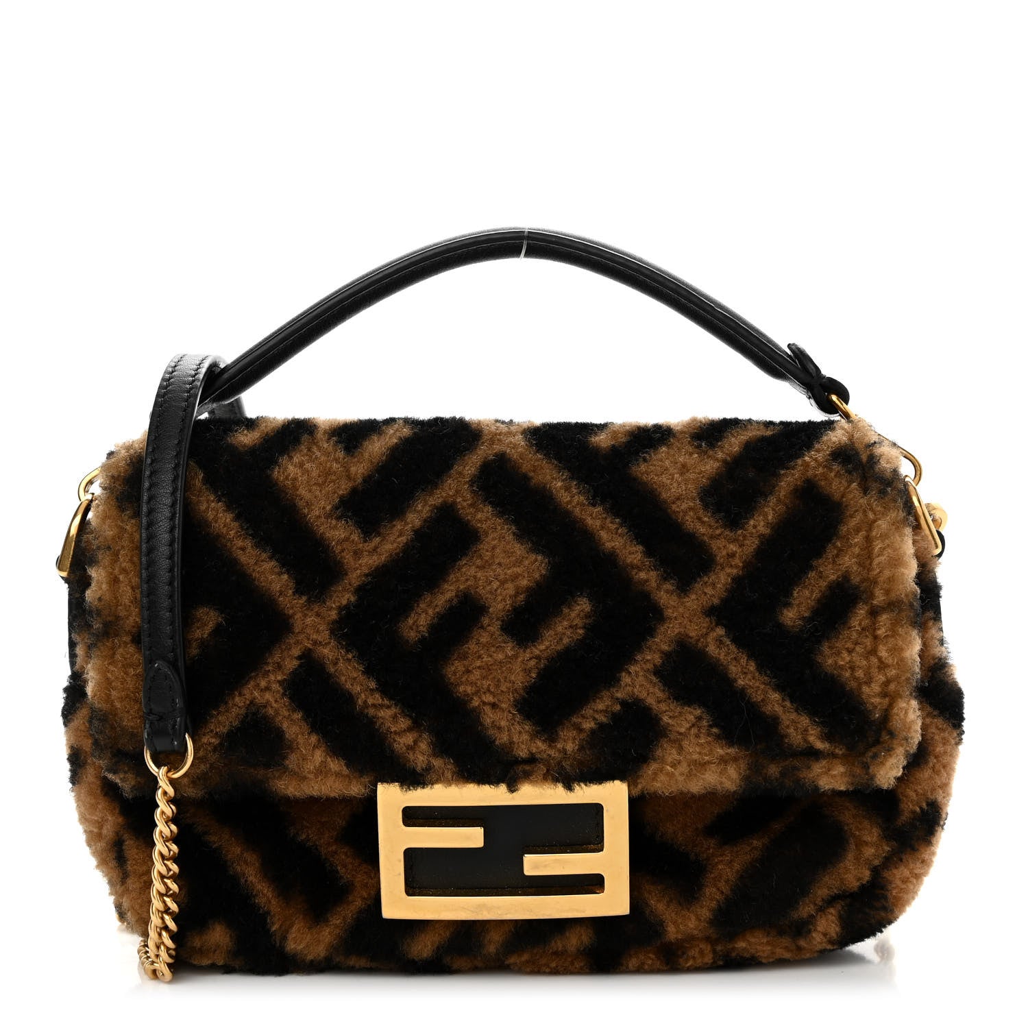 Fendi Shearling Vitello Dolce Macro FF 1974 Mini Baguette Tobacco Black 1 of 12