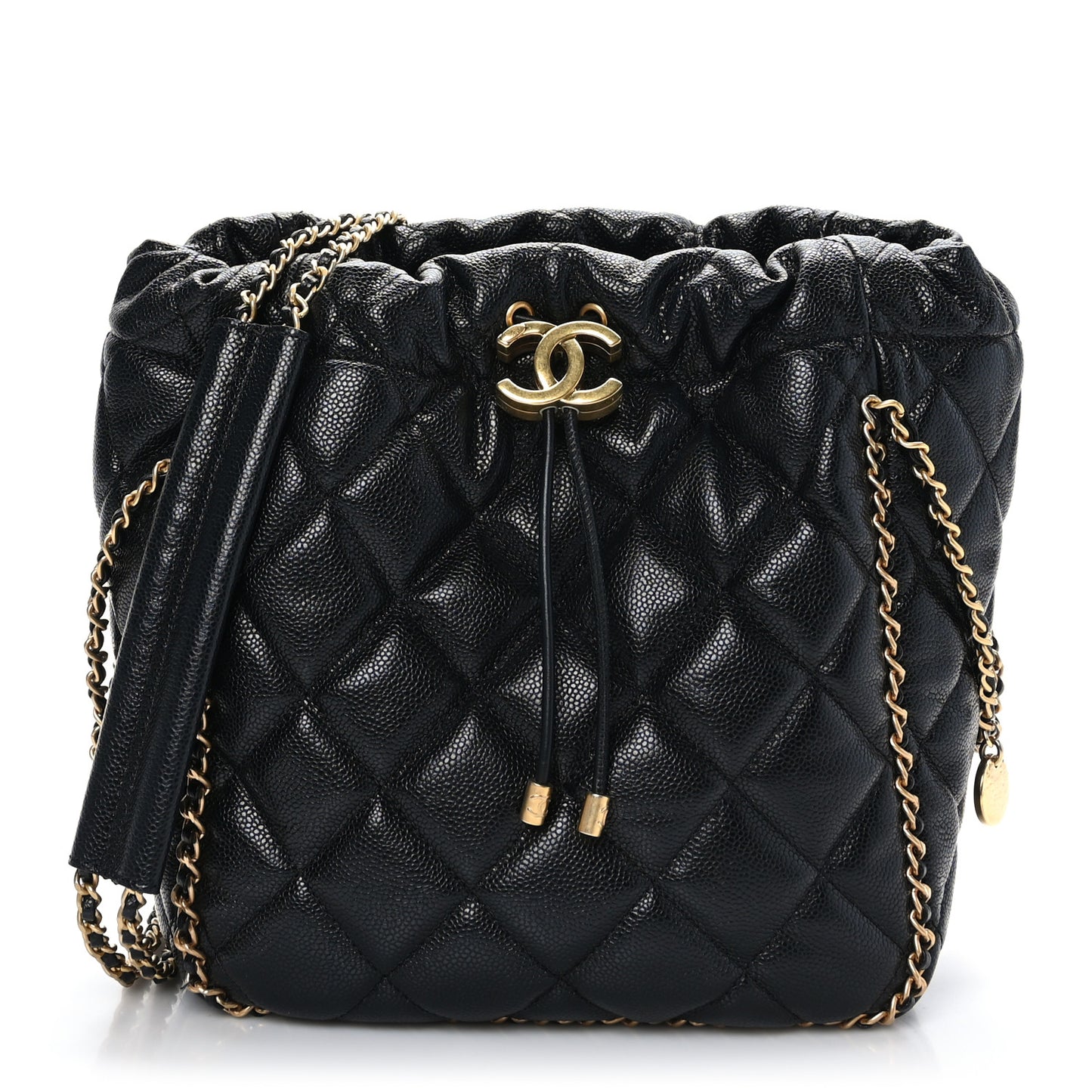 Caviar Quilted Chain Around Multi Chain Bucket Drawstring Bag Black