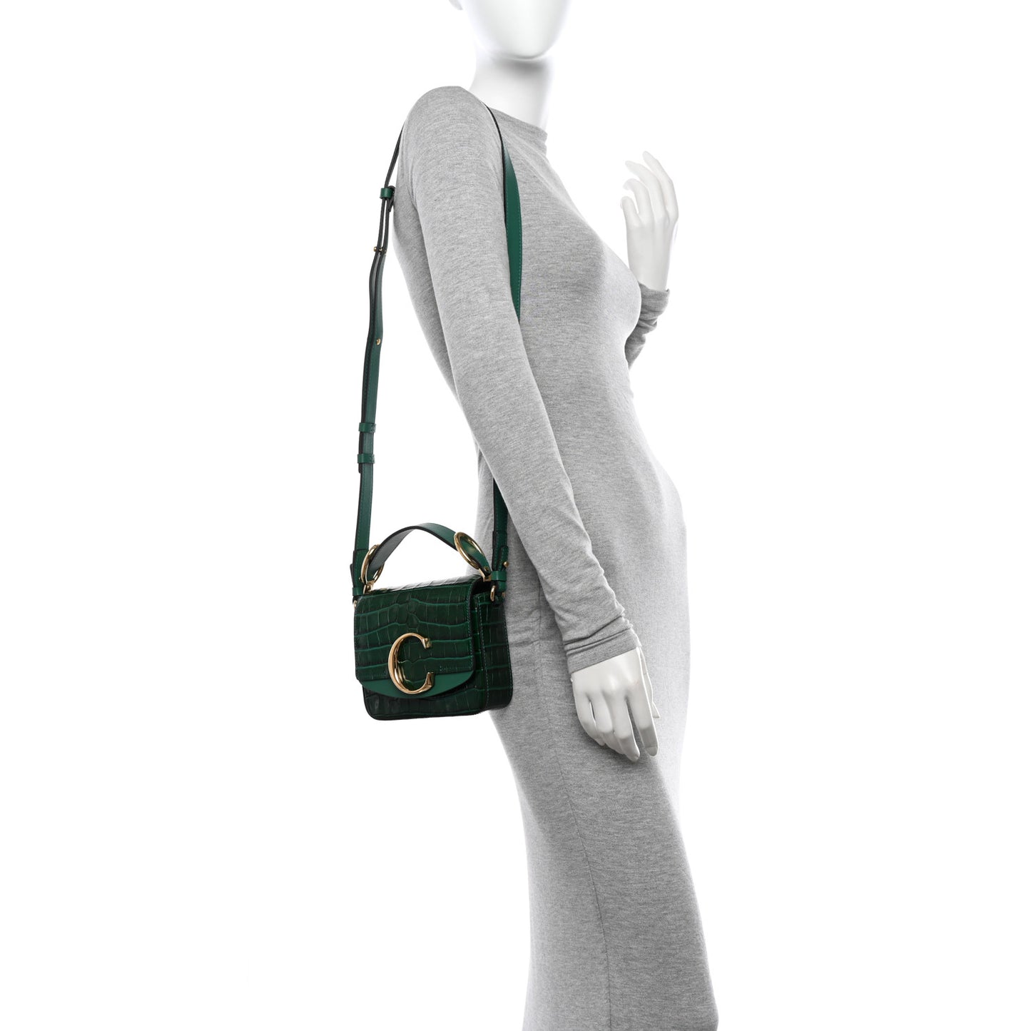Calfskin Crocodile Embossed Mini C Double Carry Woodsy Green