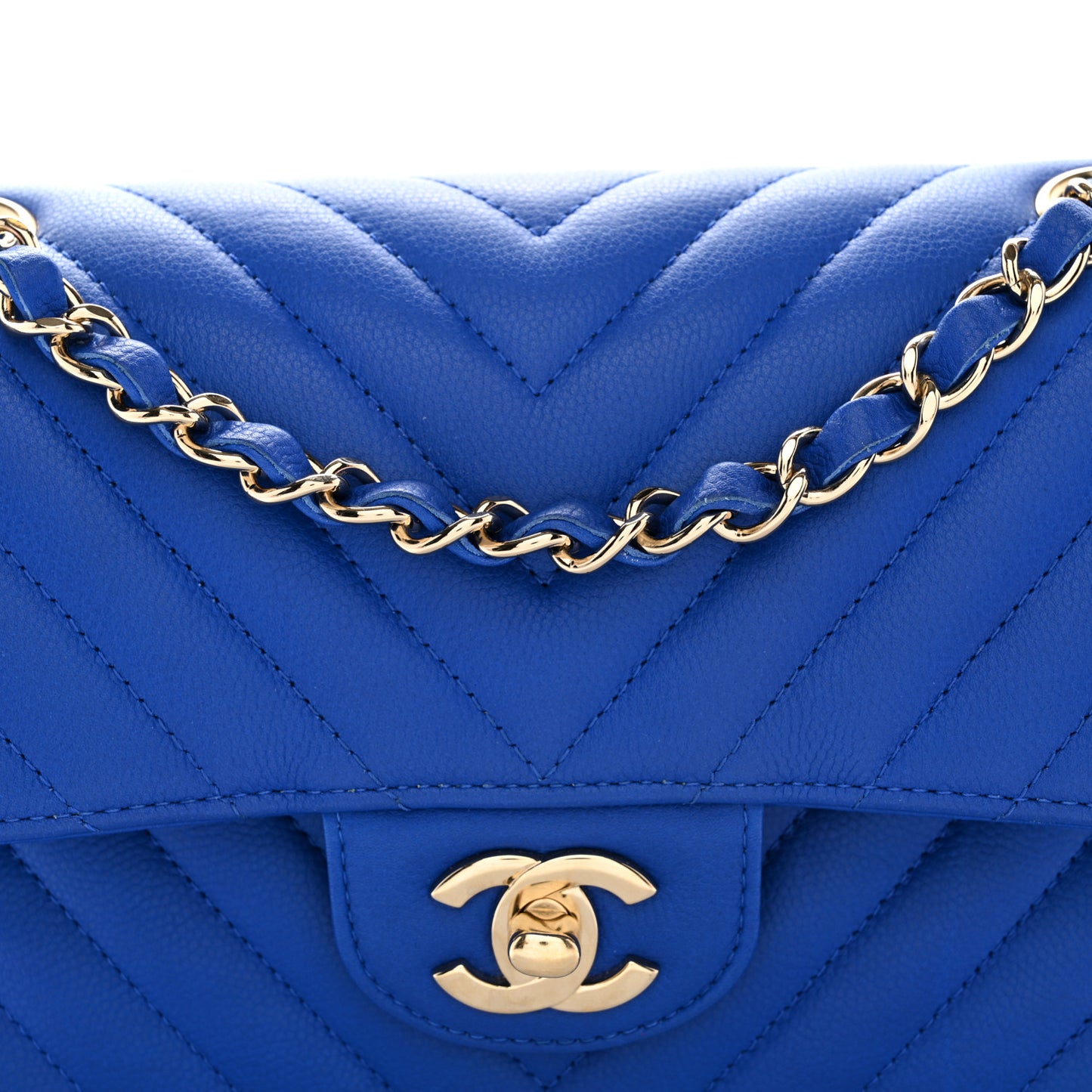 Caviar Chevron Quilted Small Double Flap Blue