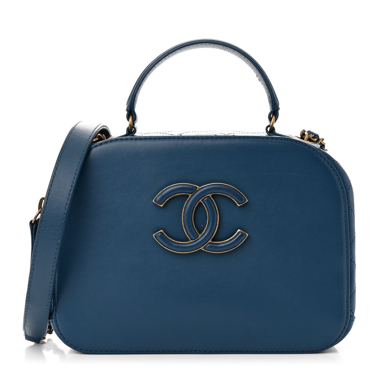Shiny Calfskin Goatskin Quilted Small Coco Curve Vanity Blue