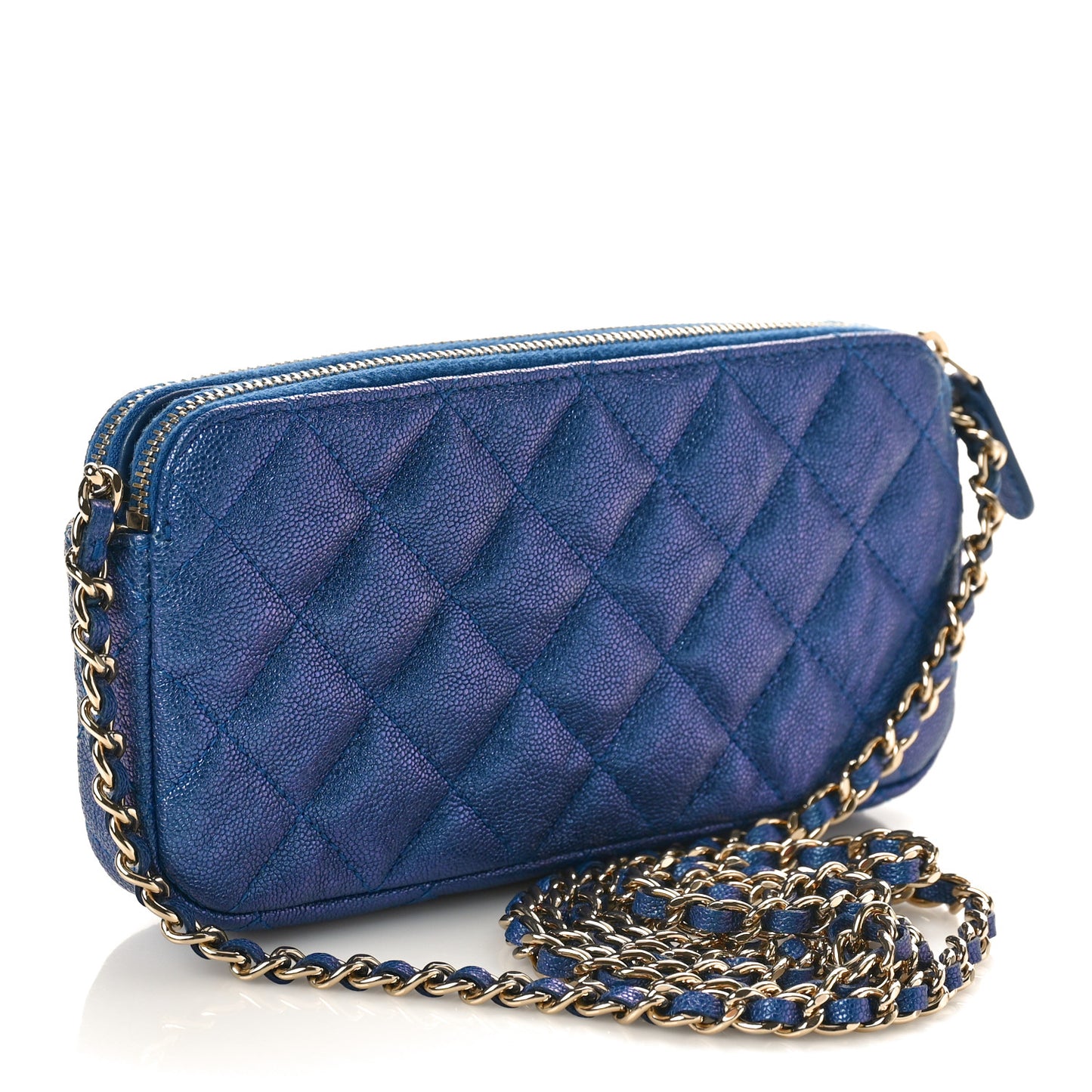Iridescent Caviar Quilted Clutch With Chain Dark Blue