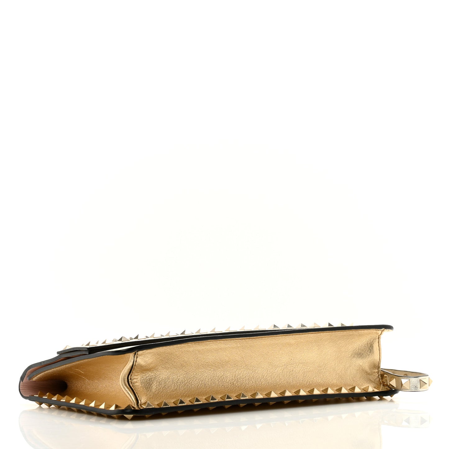 Metallic Calfskin Rockstud Side Slip Wristlet Clutch Gold