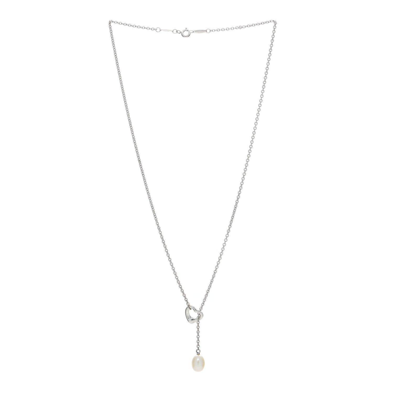Tiffany Sterling Silver Pearl 7.5-8mm Elsa Peretti Open Heart Lariat Necklace 2 of 4