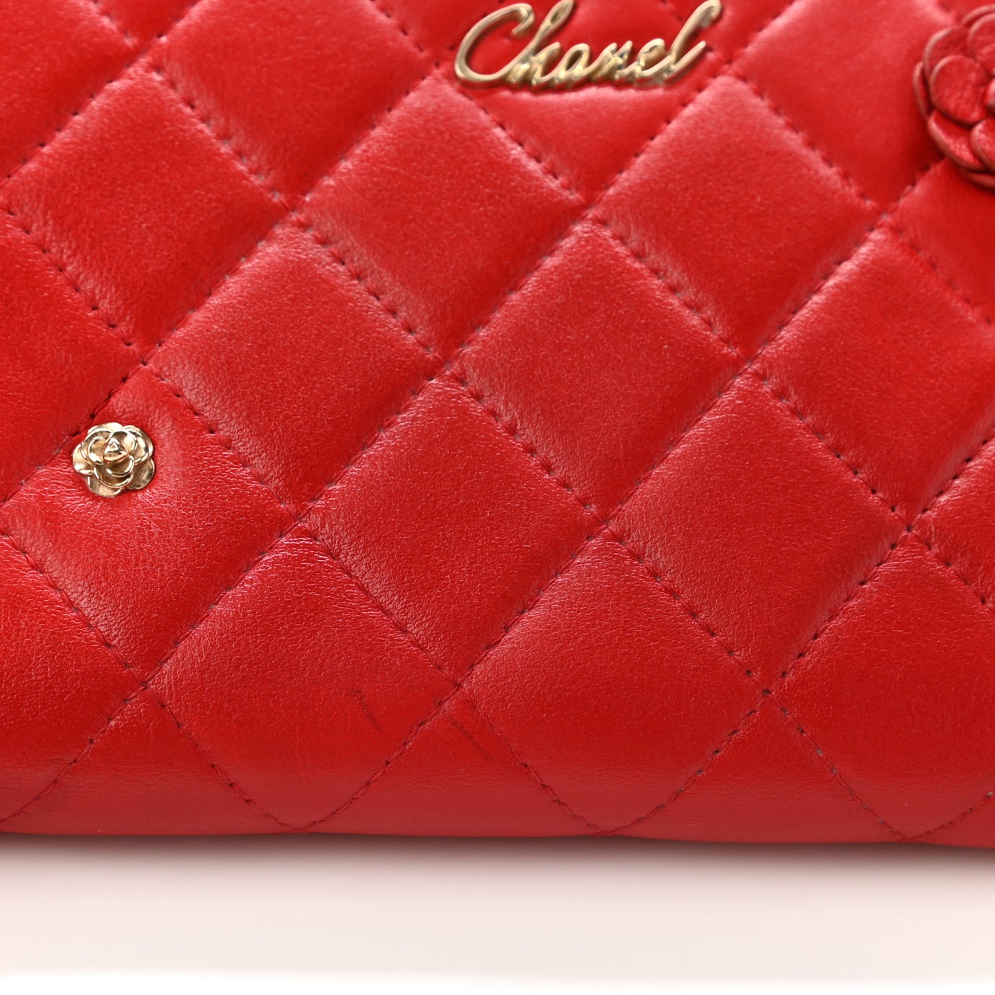 Lambskin Quilted Camellia Zip Around Wristlet Wallet Red