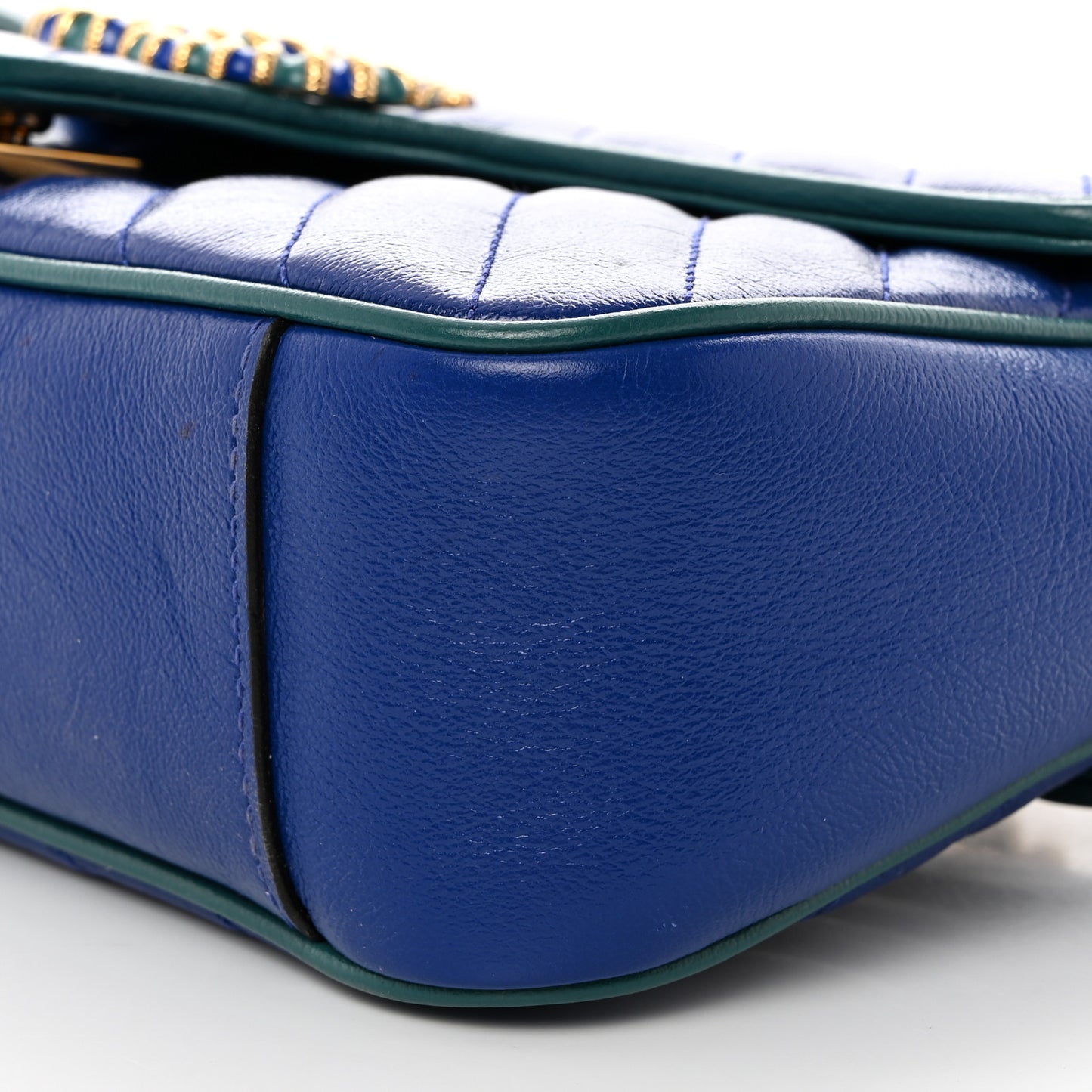 Azalea Calfskin Enamel Matelasse Diagonal Small Torchon GG Marmont Shoulder Bag Imperial Blue Pavone