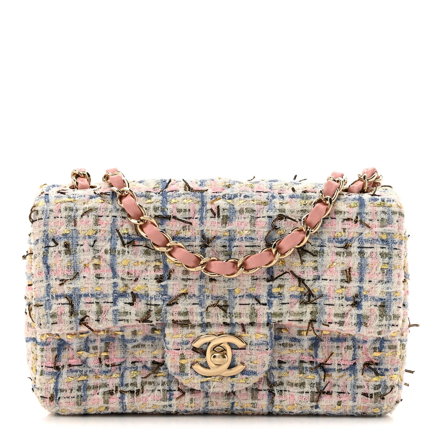 Tweed Quilted Mini Rectangular Flap Light Blue Pink Gold White