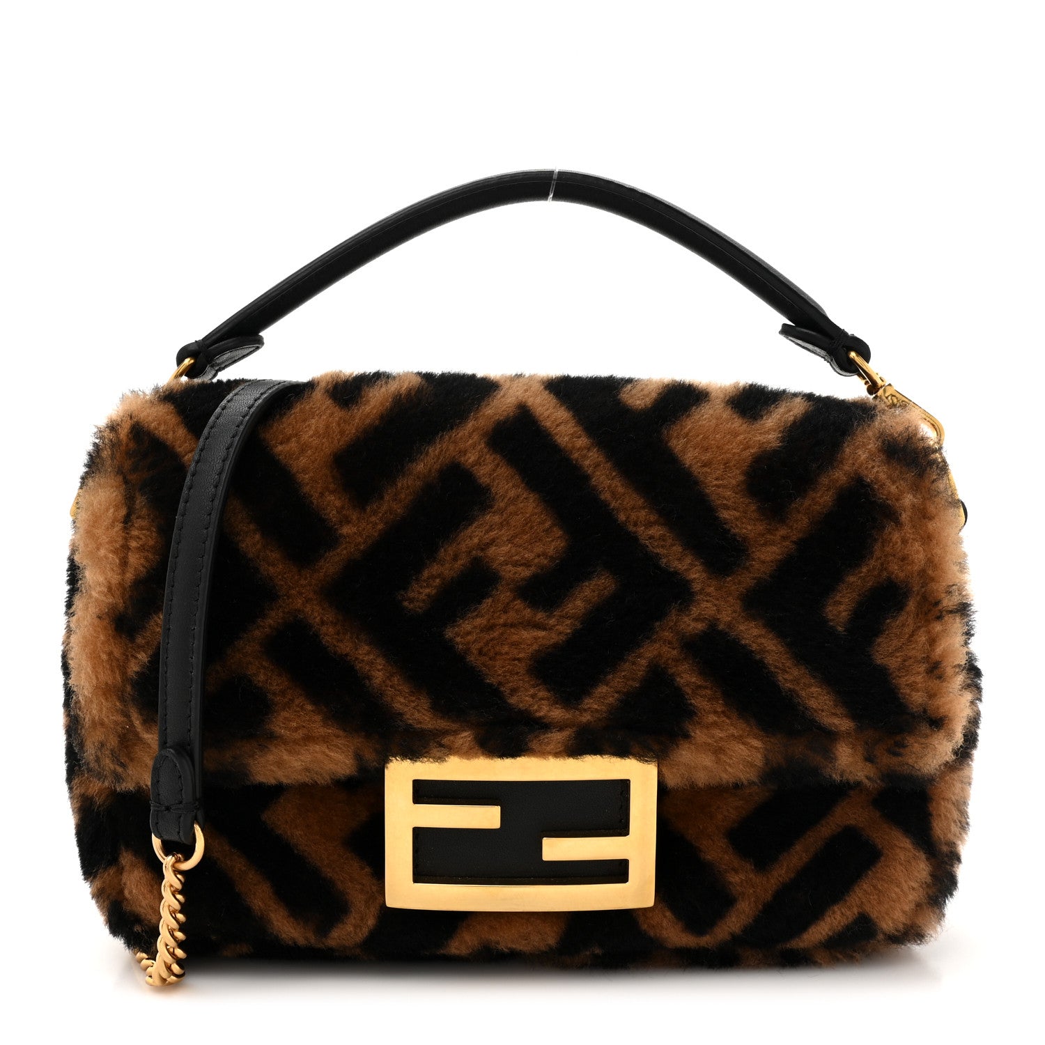 Fendi Shearling Vitello Dolce Macro FF 1974 Mini Baguette Tobacco Black 1 of 10