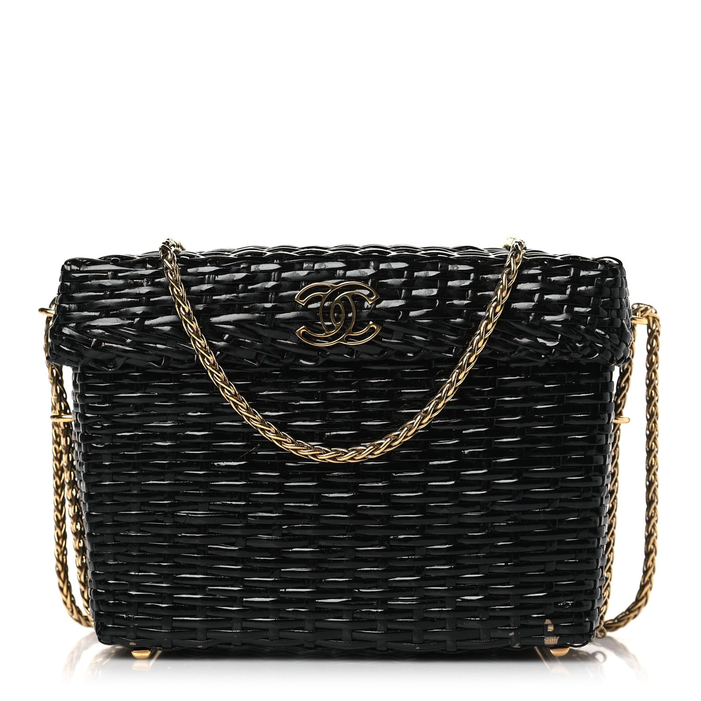 Patent Rattan Basket Shoulder Bag Black