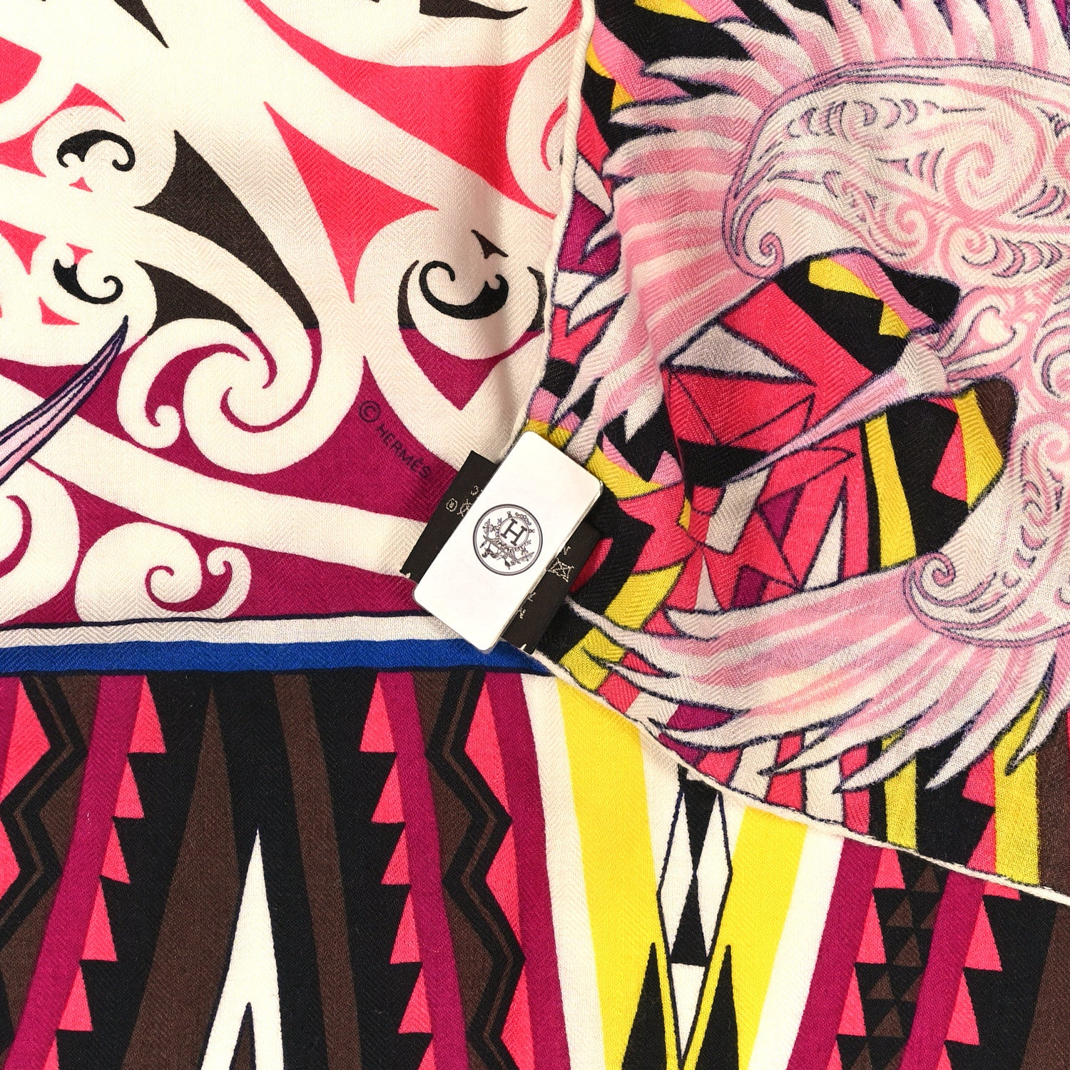 Hermes Cashmere Silk Kawa Ora Shawl 140 Fuchsia Marron Jaune 3 of 5