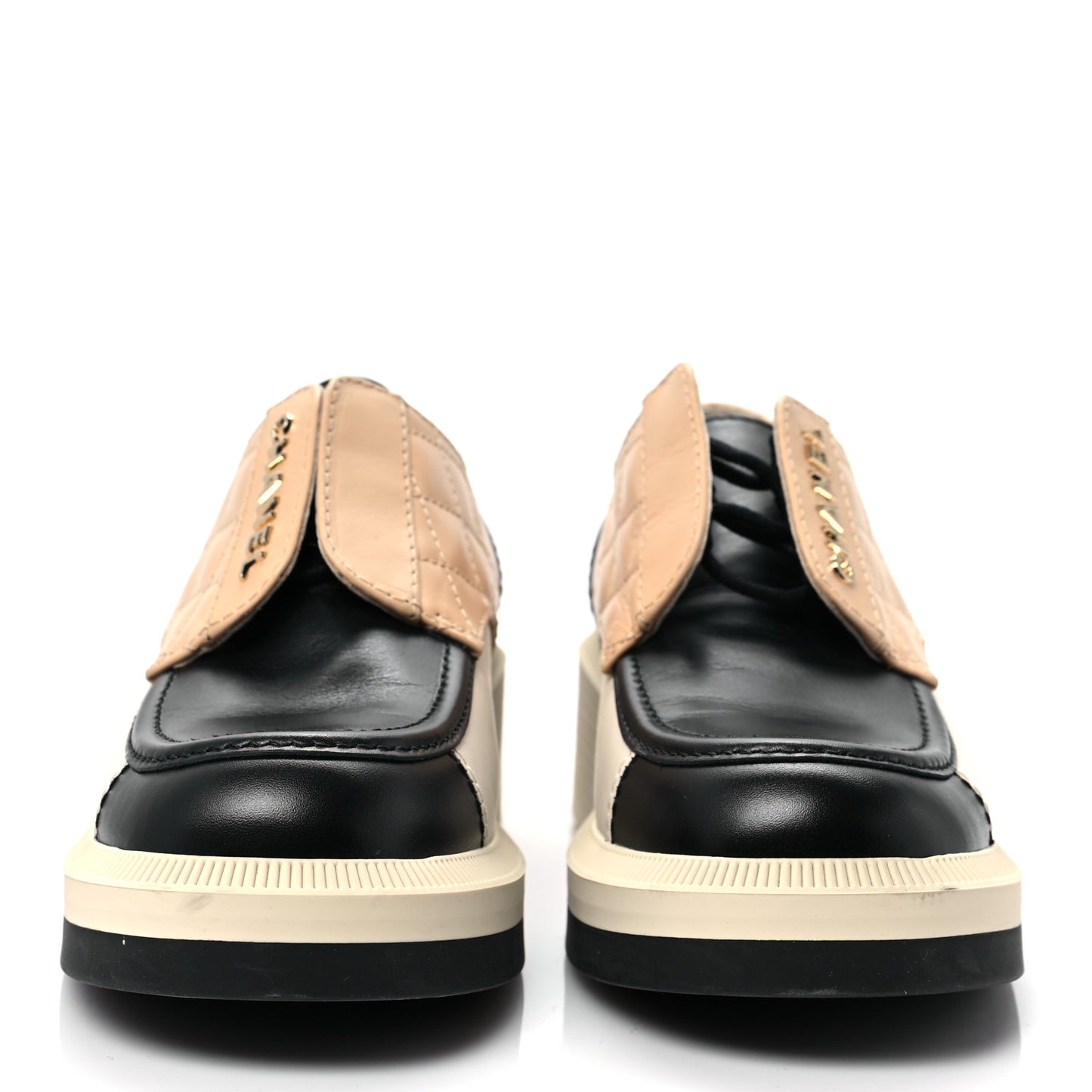 Calfskin Quilted Logo Lace Up Loafers 37 Black Beige