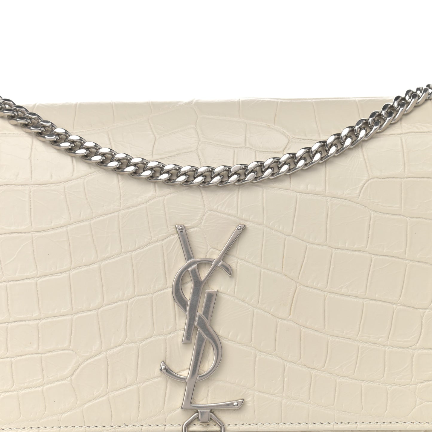 Calfskin Crocodile Embossed Medium Classic Monogram Kate Tassel Satchel Crema Soft