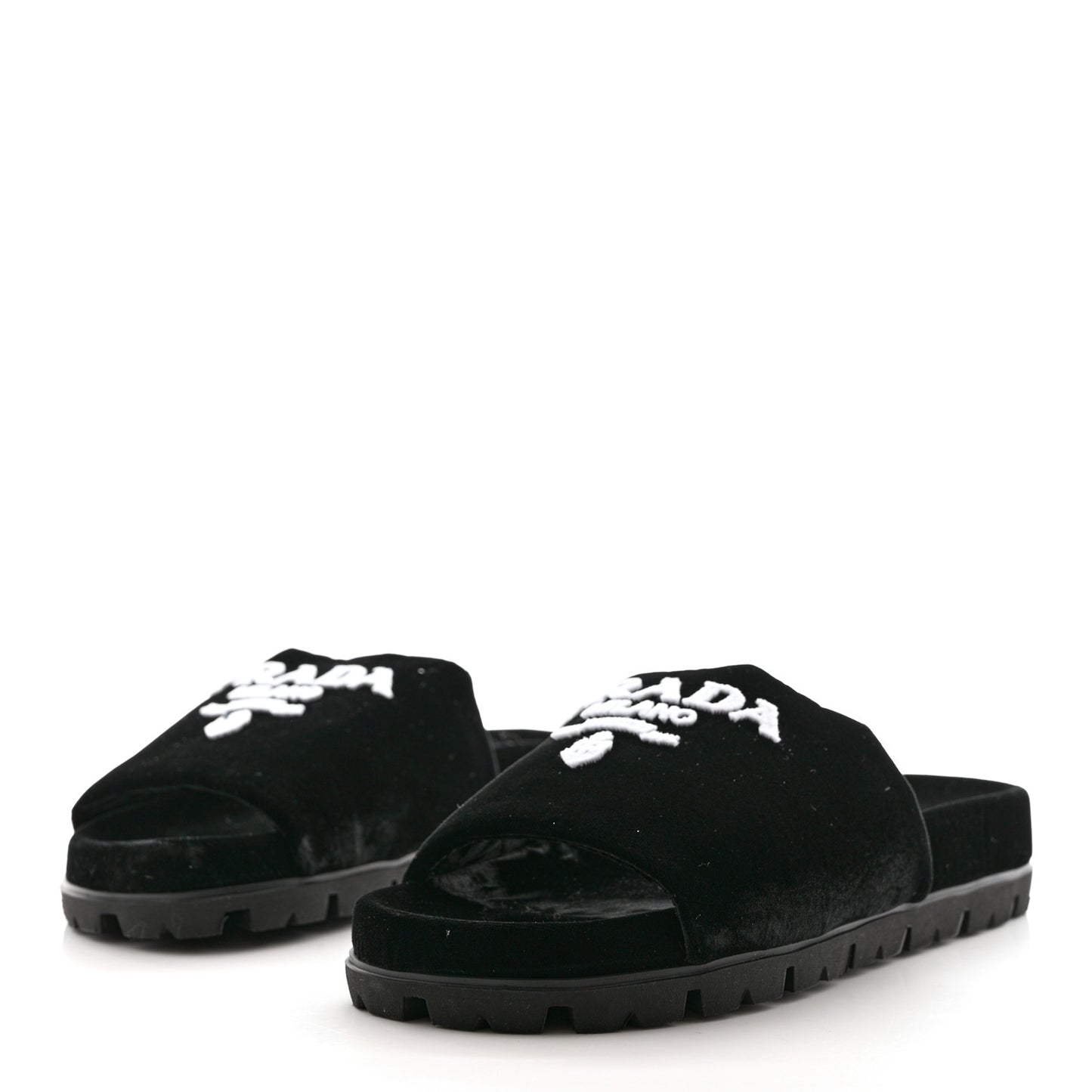 Velvet Logo Lug Sole 20mm Slide Sandals 38 Black