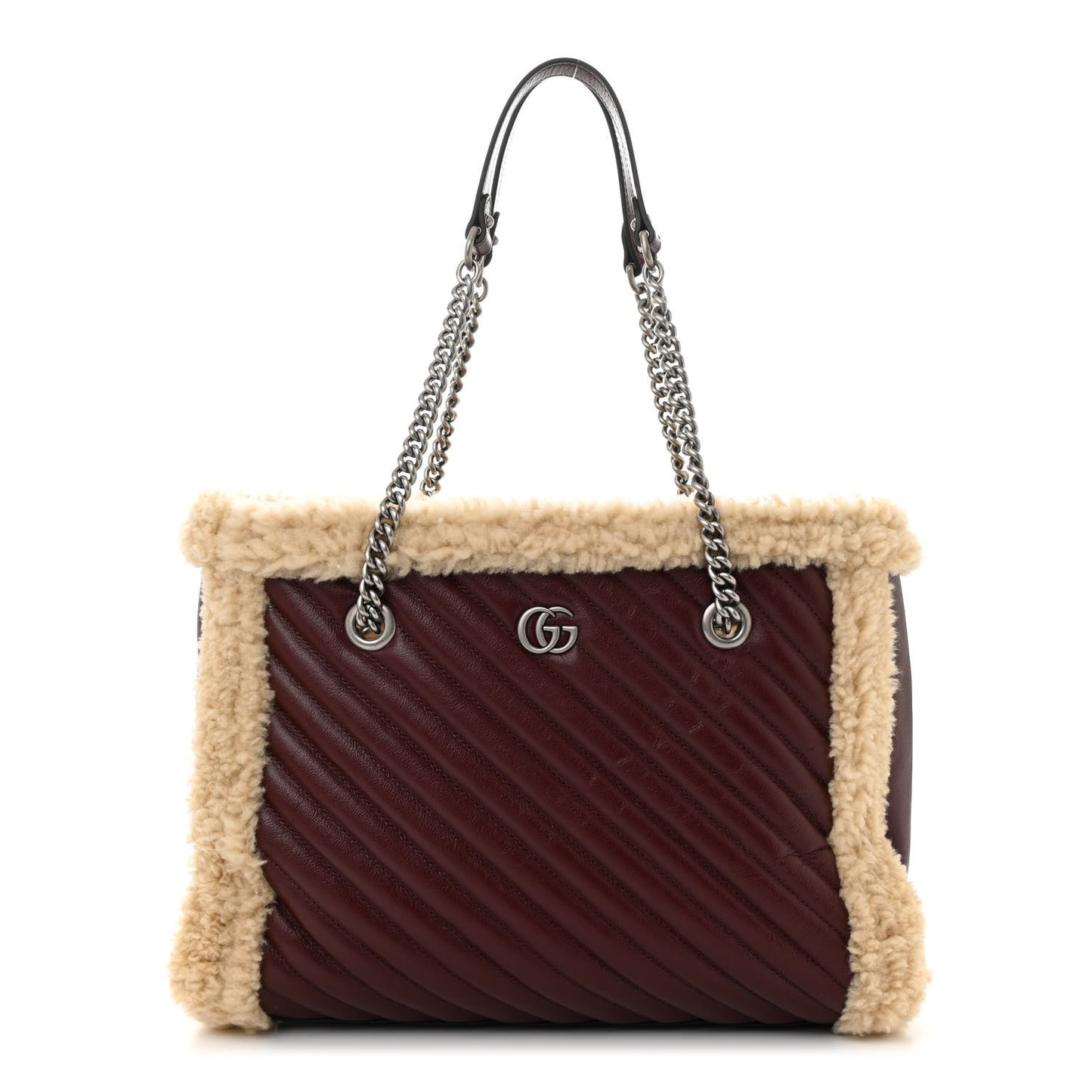 Azalea Calfskin Matelasse Diagonal Shearling Medium GG Marmont Shoulder Tote Bordeaux Sand Desert