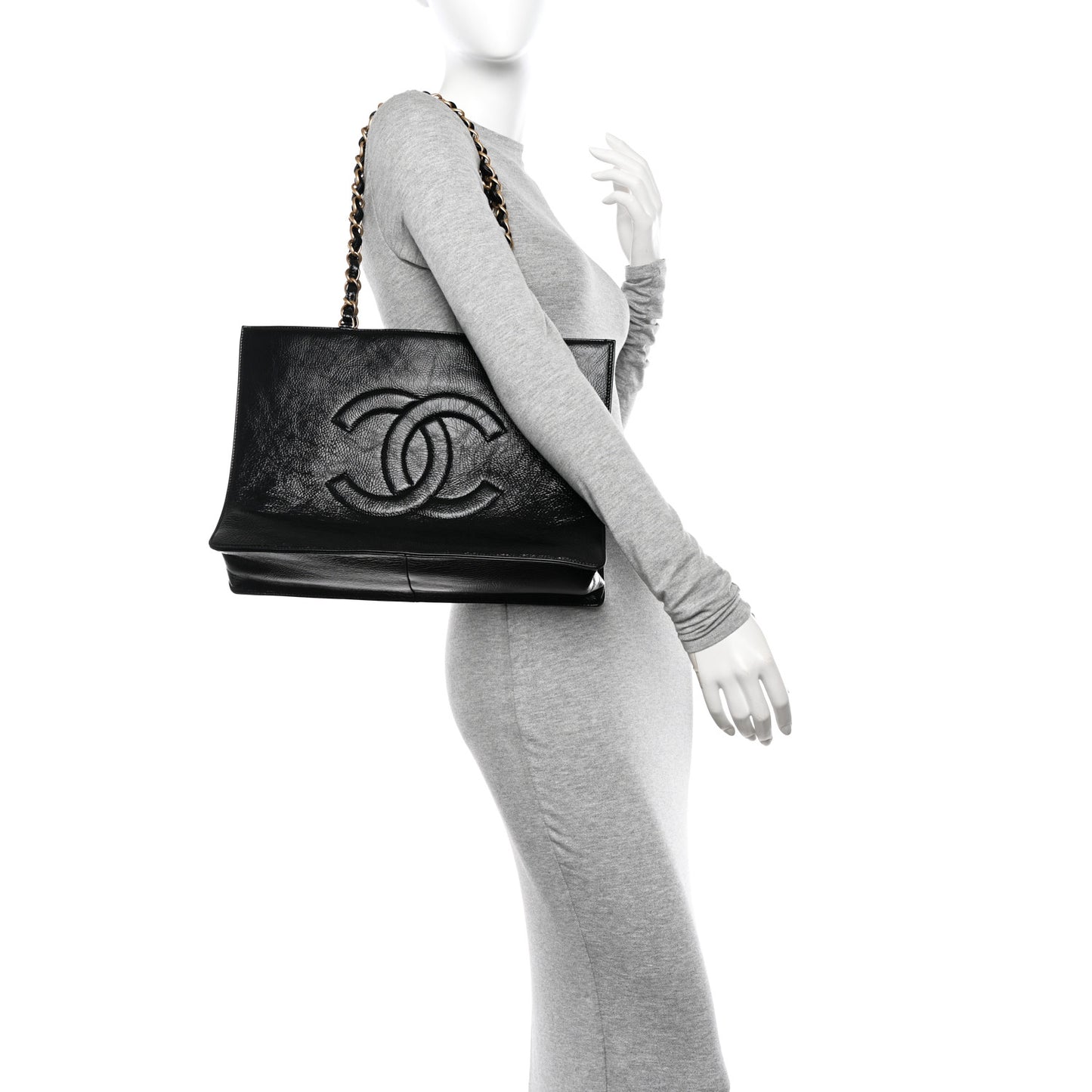 Shiny Aged Calfskin Shopping Bag Black