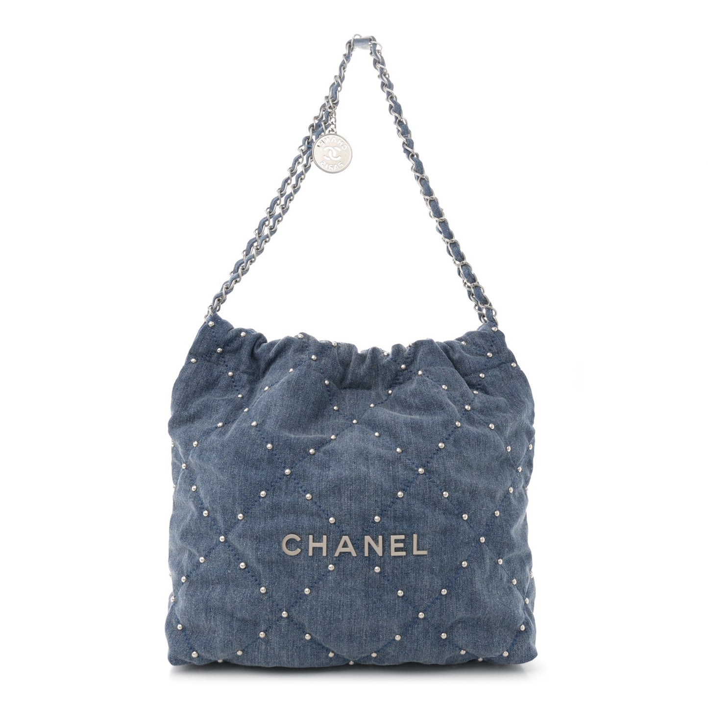 Washed Denim Quilted Studded Small Chanel 22 Blue