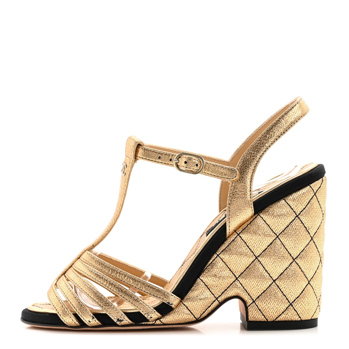 Laminated Goatskin Quilted Wedge Sandals 35 Gold