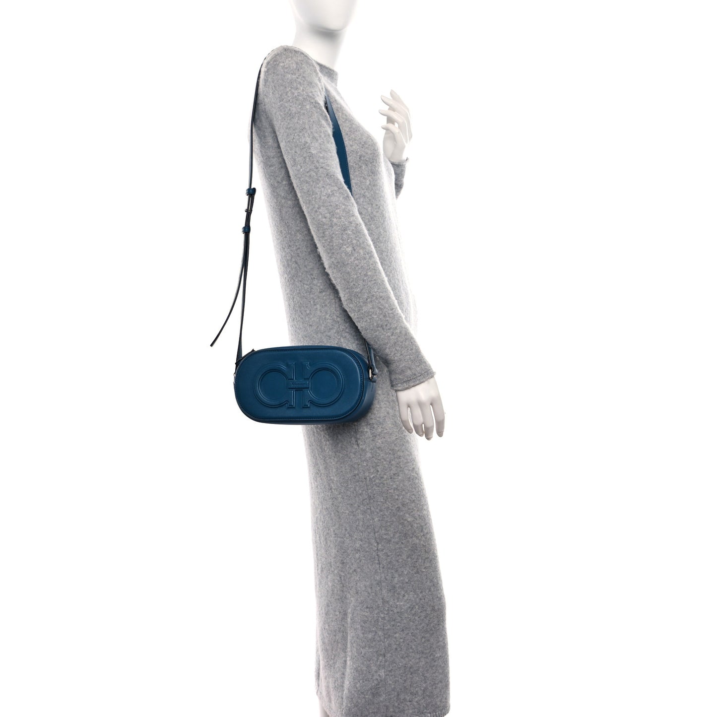 Calfskin Double Gancio Crossbody Bag Denim