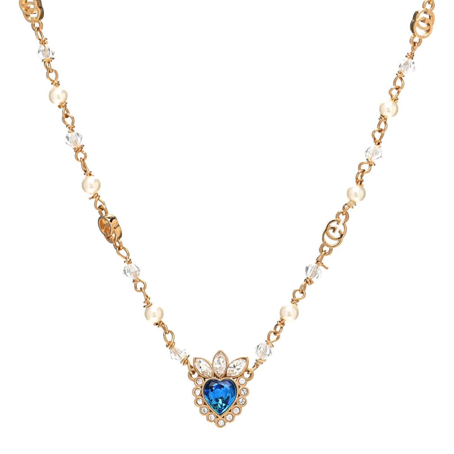 Metal Crystal Pearl Heart Necklace Gold Blue