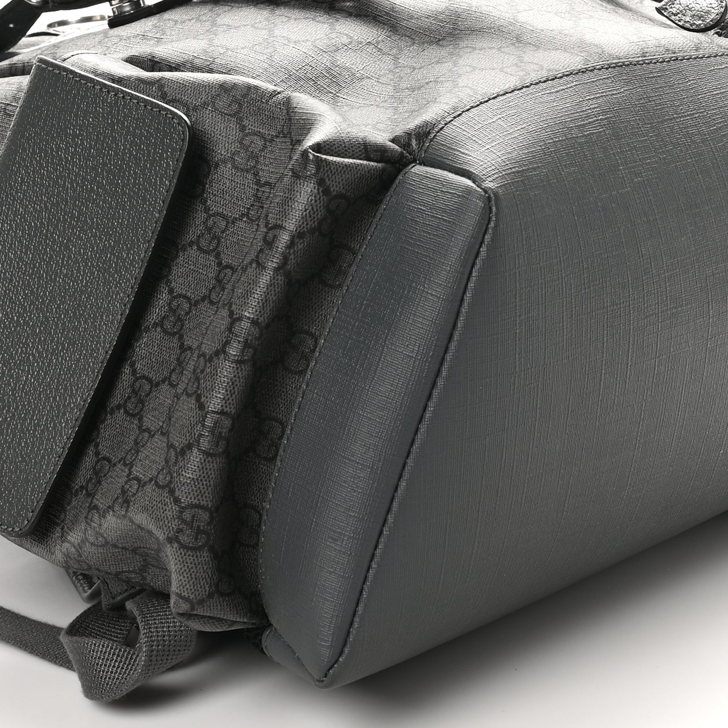GG Supreme Monogram Textured Dollar Calfskin Medium Ophidia Double Buckle Backpack Grey Black Graphite Grey
