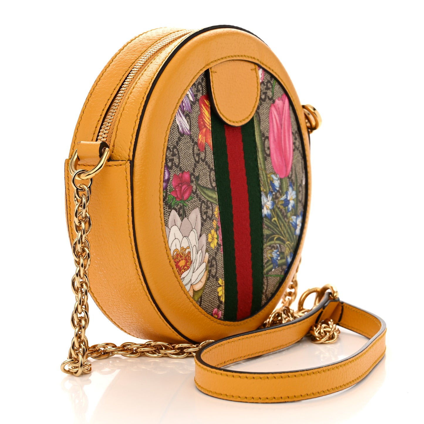 GG Supreme Monogram Flora Web Mini Ophidia Round Shoulder Bag Beige Multicolor Crop