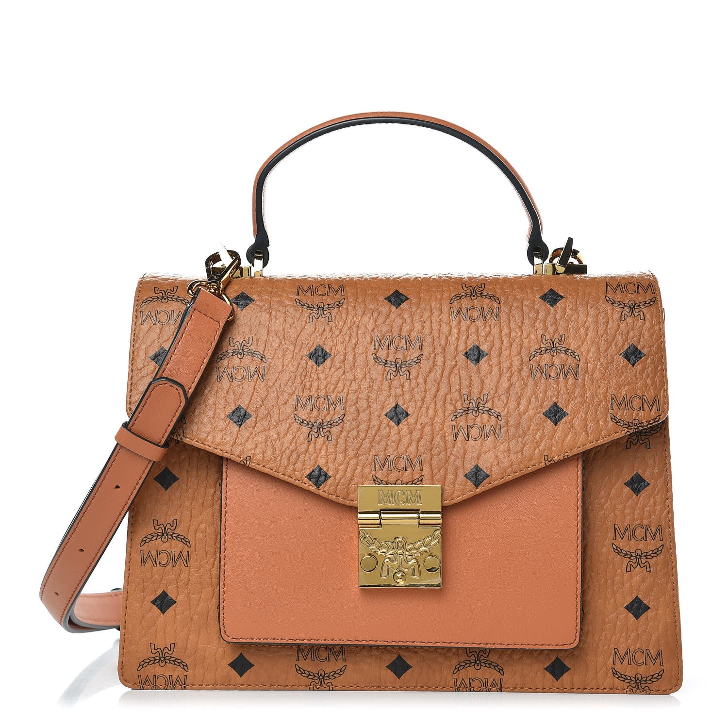 MCM Visetos Medium Patricia Pocket Satchel Cognac 392074