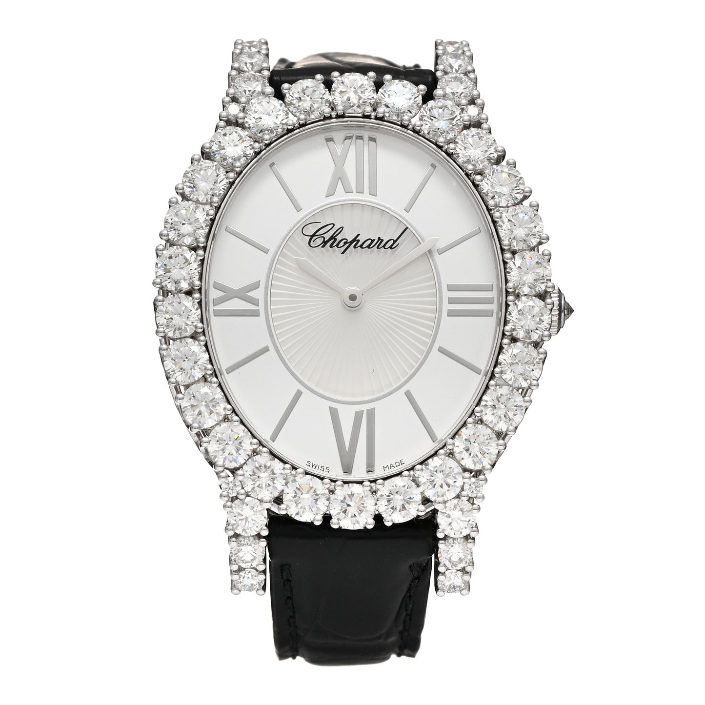 18K White Gold Alligator Diamond Bezel 34mm L’Heure du Diamant Oval Quartz Watch