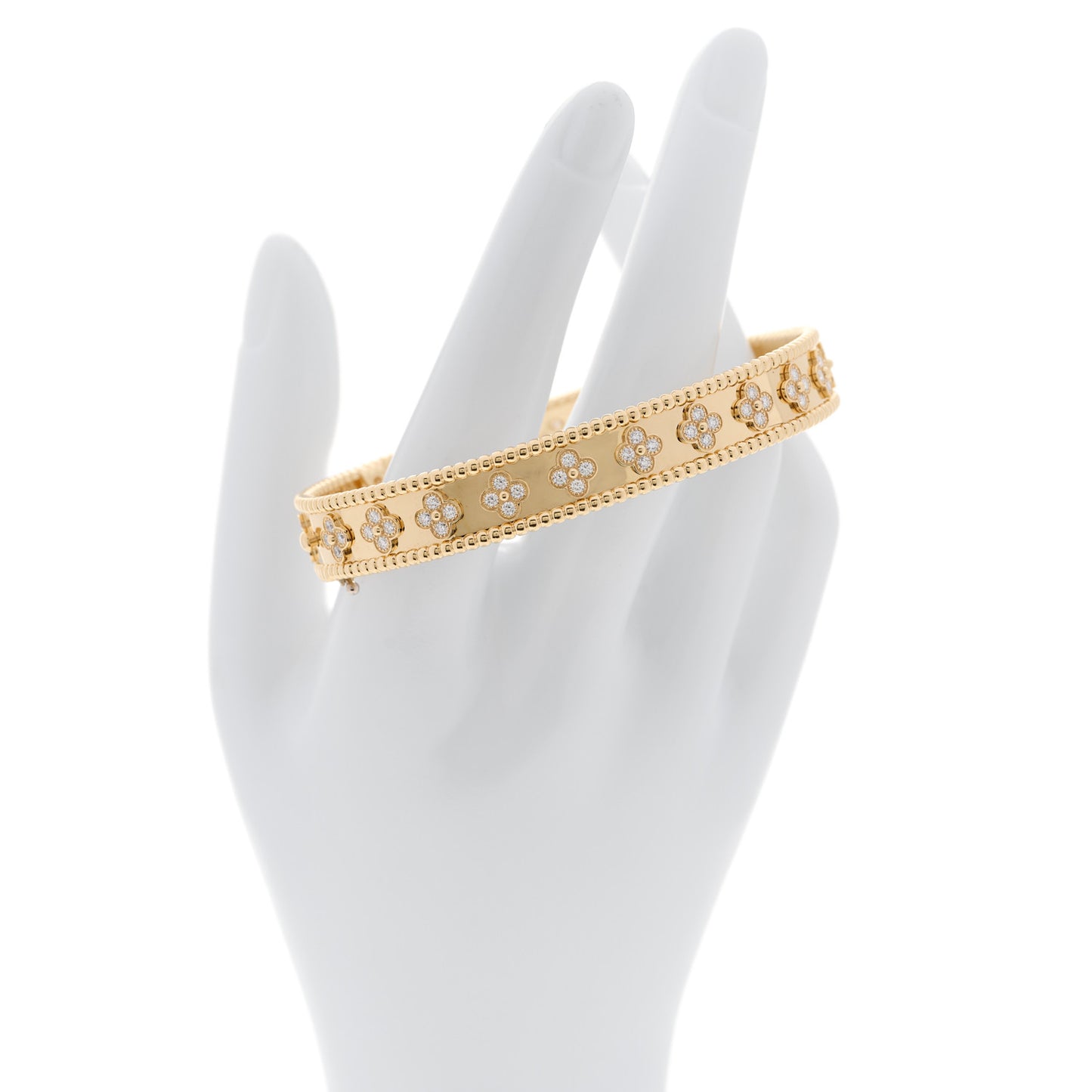 18K Yellow Gold Diamond Perlee Clovers Bangle Bracelet XL