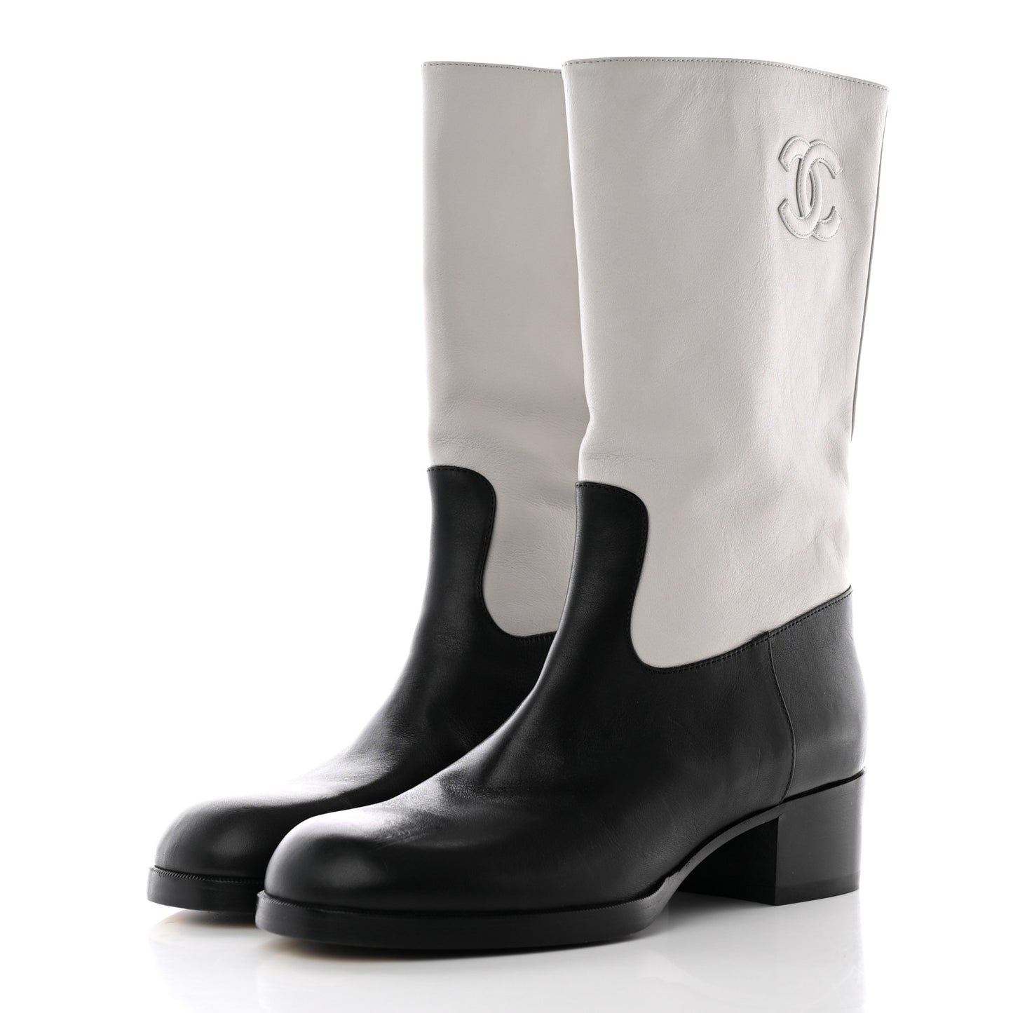 Calfskin CC Logo Mid Calf Boots Light Grey Black