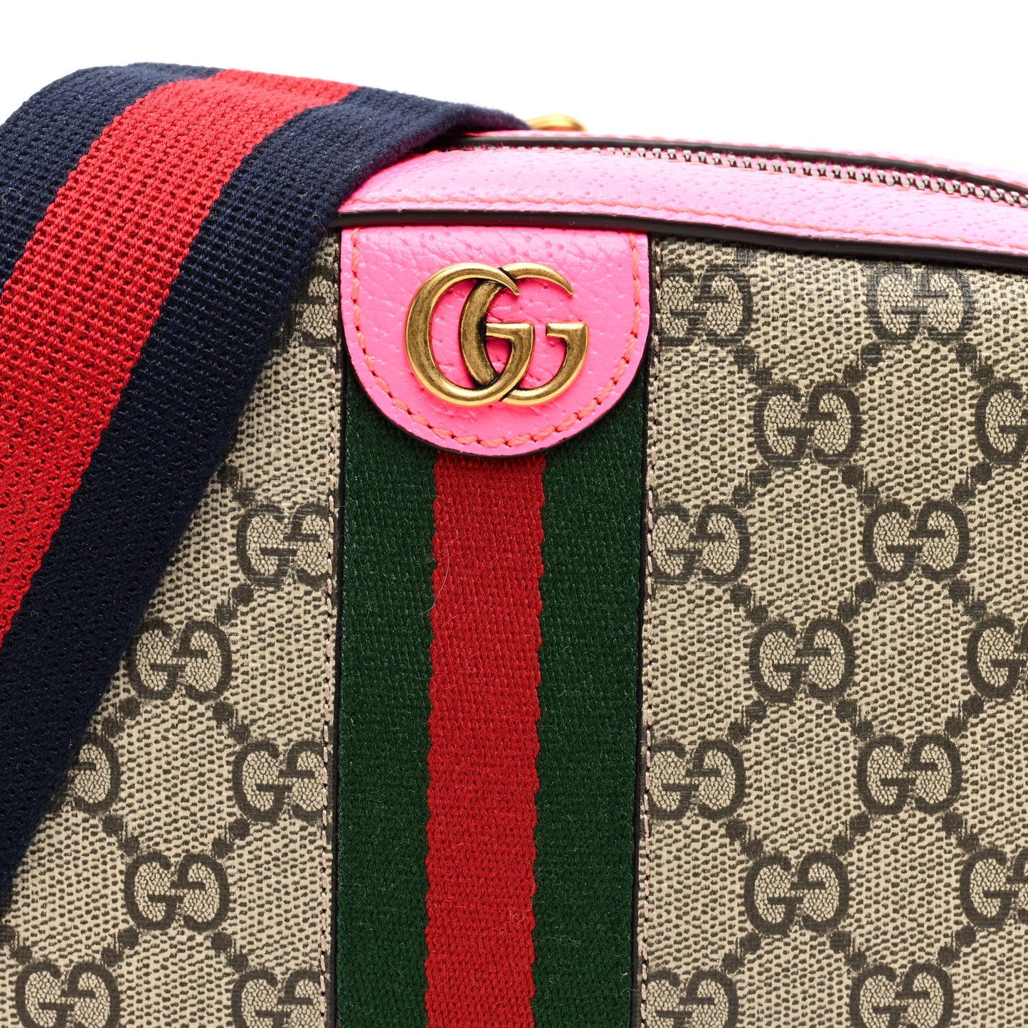 GG Supreme Monogram Textured Dollar Calfskin Web Ophidia Small Crossbody Bag Beige Ebony Fuchsia