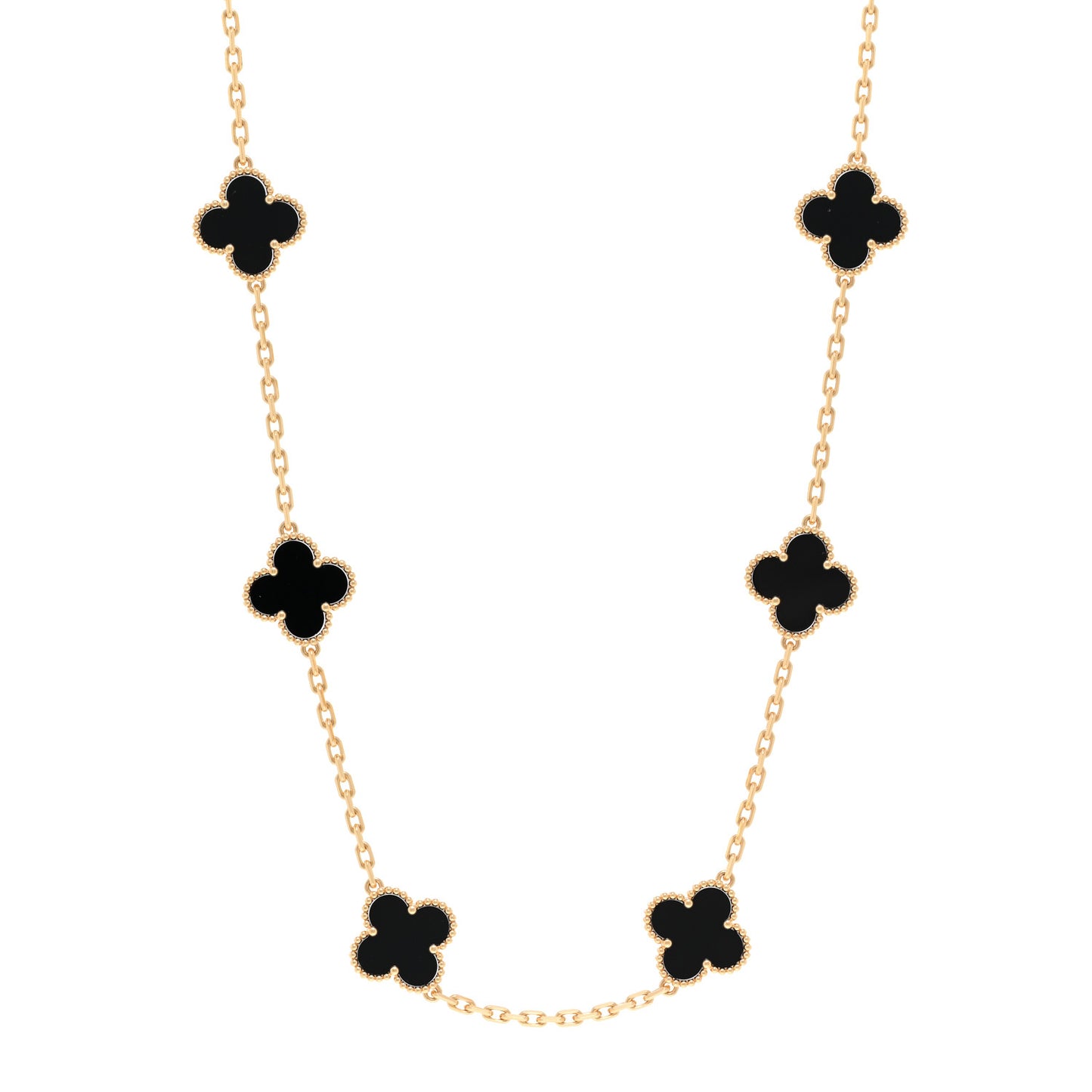 18K Yellow Gold Black Onyx 10 Motifs Vintage Alhambra Necklace
