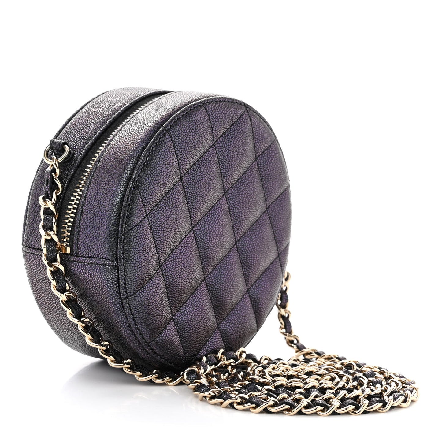 Iridescent Caviar Quilted Round Clutch With Chain Black