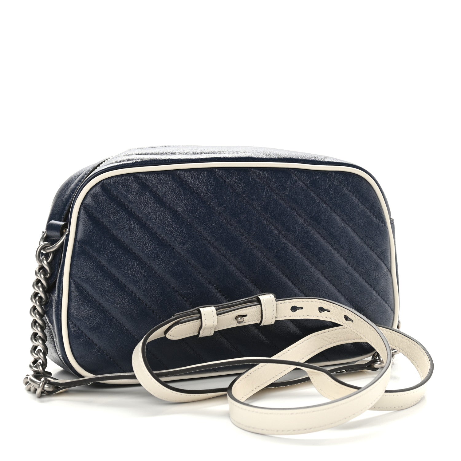 Gucci Vintage Effect Calfskin Matelasse Diagonal Small Torchon GG Marmont Chain Shoulder Bag Blue Agata Mystic White 3 of 10
